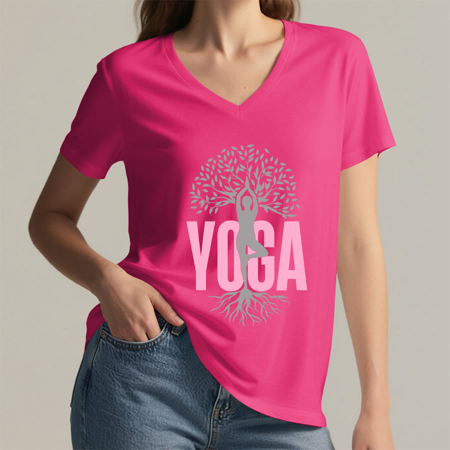 Olivenorma Yoga Figure Tree Of Life Bold Text Graphic Women's V Neck T-Shirt - image 35