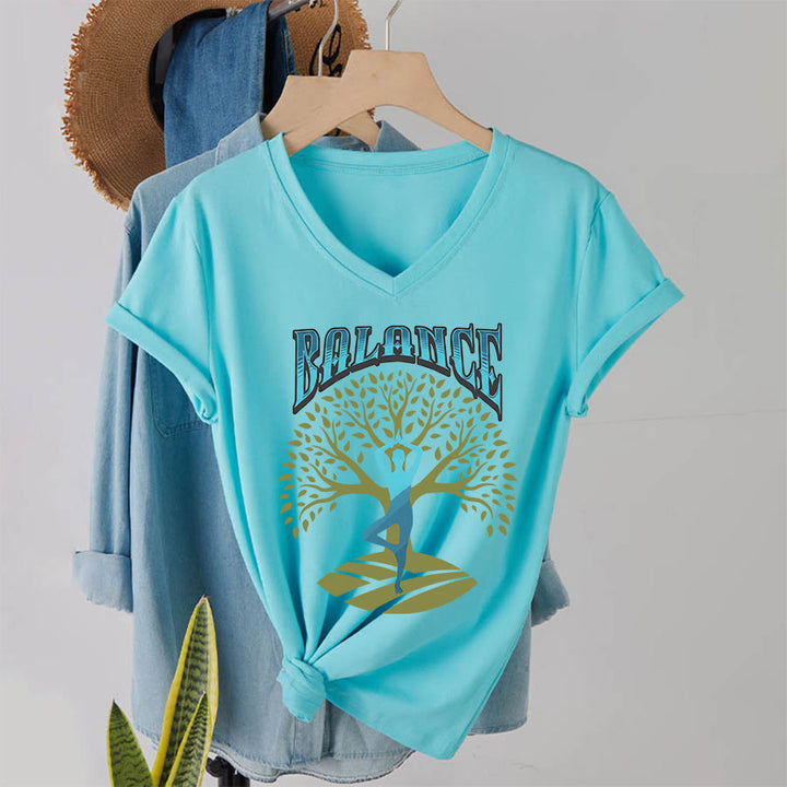Olivenorma Tree Pose Yoga Lady Balance Word Spiritual Women's V Neck T-Shirt - Lake Blue - 2XL - image 16