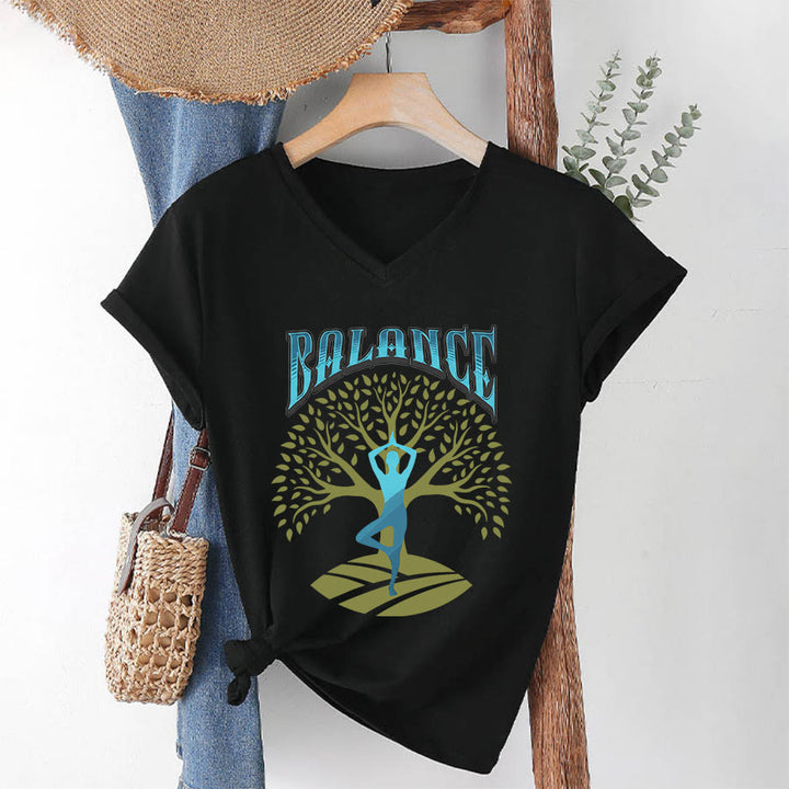Olivenorma Tree Pose Yoga Lady Balance Word Spiritual Women's V Neck T-Shirt - Black - 2XL - image 19