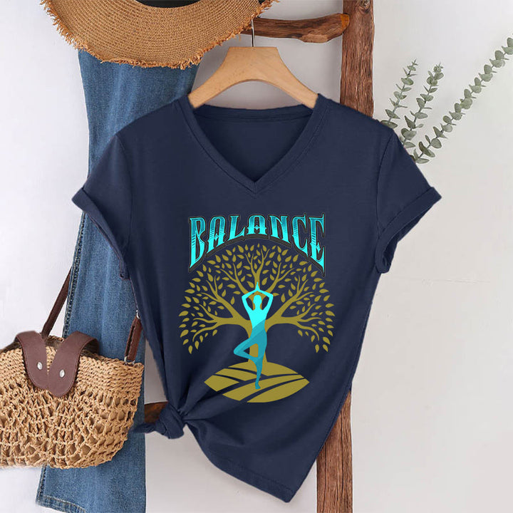 Olivenorma Tree Pose Yoga Lady Balance Word Spiritual Women's V Neck T-Shirt - Navy Blue - 2XL - image 25