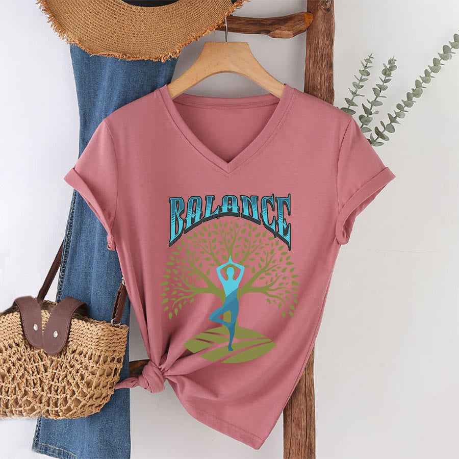 Olivenorma Tree Pose Yoga Lady Balance Word Spiritual Women's V Neck T-Shirt - Pink - 2XL - image 13