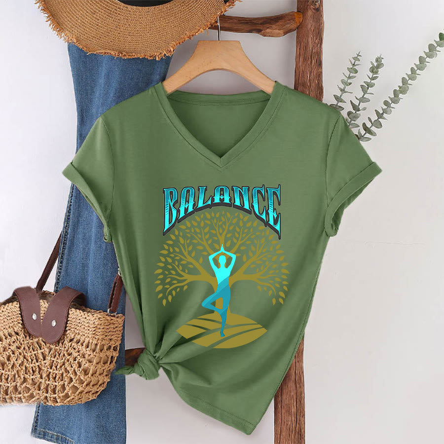 Olivenorma Tree Pose Yoga Lady Balance Word Spiritual Women's V Neck T-Shirt - Olive Green - 2XL - image 7