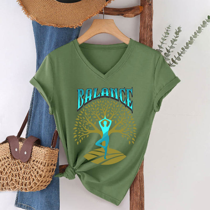 Olivenorma Tree Pose Yoga Lady Balance Word Spiritual Women's V Neck T-Shirt - Olive Green - 2XL - image 7