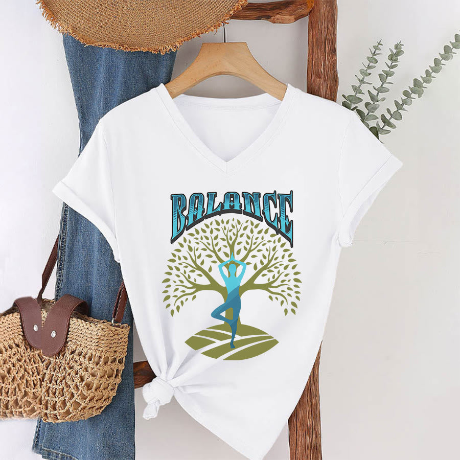 Olivenorma Tree Pose Yoga Lady Balance Word Spiritual Women's V Neck T-Shirt - White - 2XL - image 1