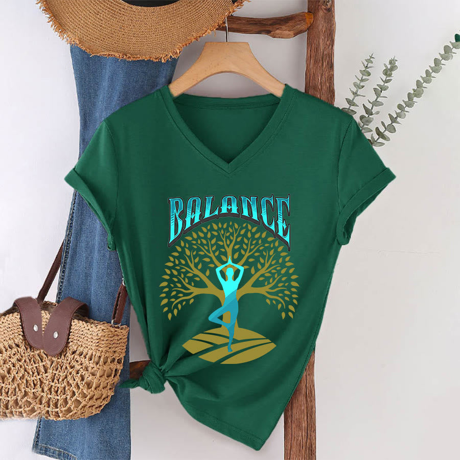 Olivenorma Tree Pose Yoga Lady Balance Word Spiritual Women's V Neck T-Shirt - Dark Green - 2XL - image 4