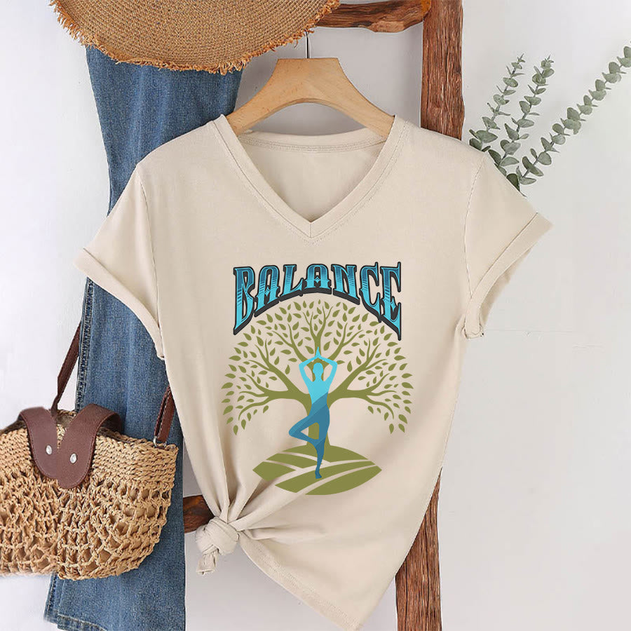 Olivenorma Tree Pose Yoga Lady Balance Word Spiritual Women's V Neck T-Shirt - Khaki - 2XL - image 10