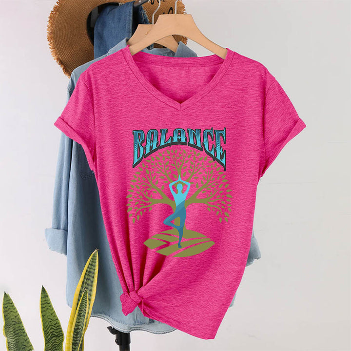 Olivenorma Tree Pose Yoga Lady Balance Word Spiritual Women's V Neck T-Shirt - Rose Red - 2XL - image 34