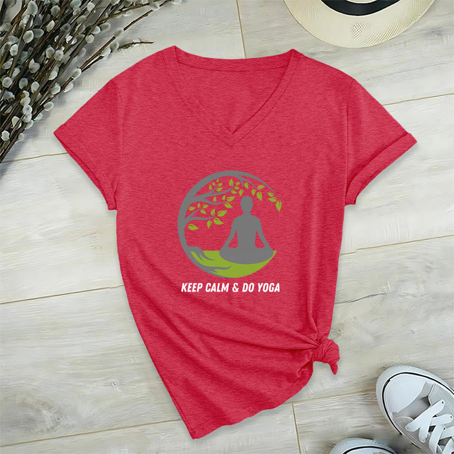 Olivenorma Keep Calm & Do Yoga Circular Tree Meditation Figure Graphic Women's V Neck T-Shirt - Red - 2XL - image 27