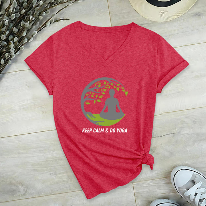Olivenorma Keep Calm & Do Yoga Circular Tree Meditation Figure Graphic Women's V Neck T-Shirt - Red - 2XL - image 27