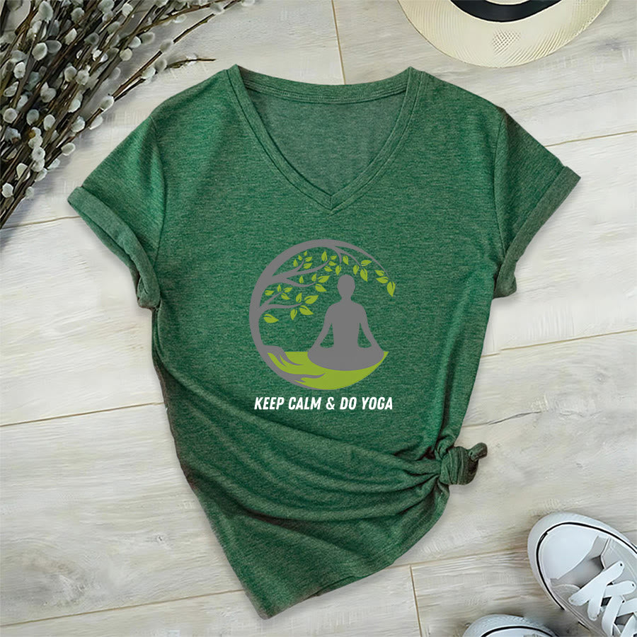 Olivenorma Keep Calm & Do Yoga Circular Tree Meditation Figure Graphic Women's V Neck T-Shirt - Dark Green - 2XL - image 0