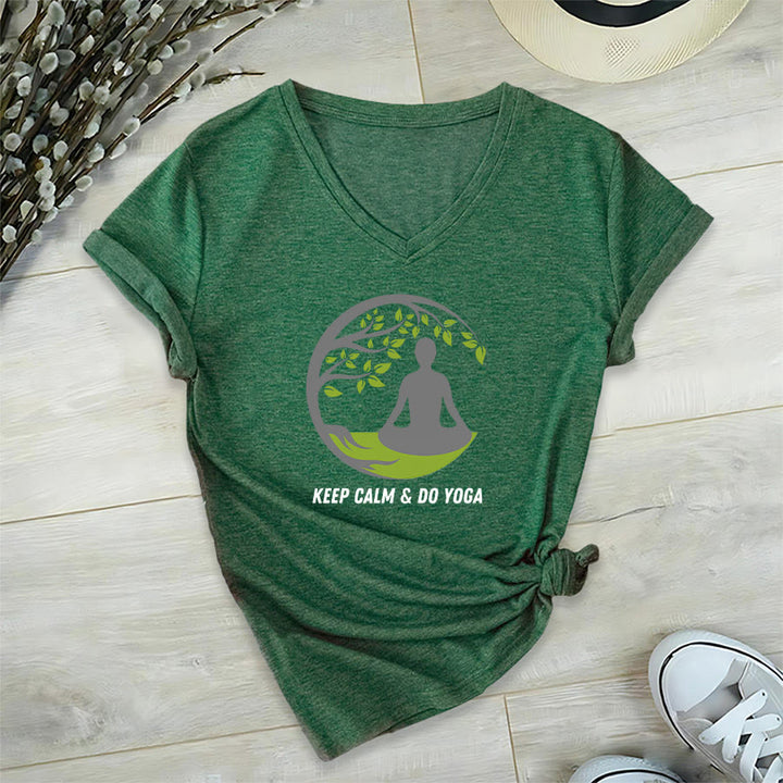 Olivenorma Keep Calm & Do Yoga Circular Tree Meditation Figure Graphic Women's V Neck T-Shirt - Dark Green - 2XL - image 0