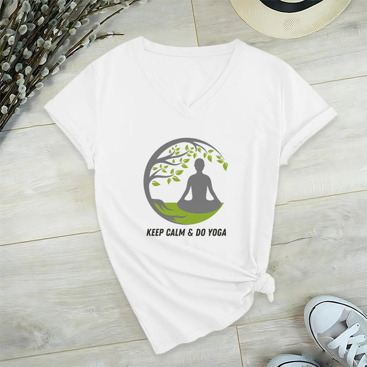 Olivenorma Keep Calm & Do Yoga Circular Tree Meditation Figure Graphic Women's V Neck T-Shirt - White - 2XL - image 21