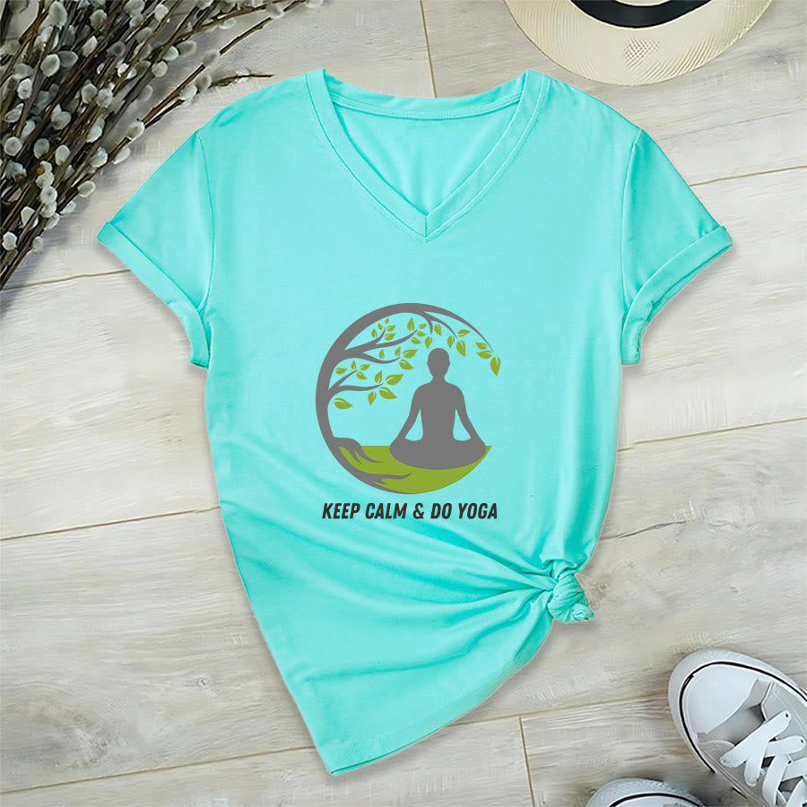 Olivenorma Keep Calm & Do Yoga Circular Tree Meditation Figure Graphic Women's V Neck T-Shirt - Lake Blue - 2XL - image 12