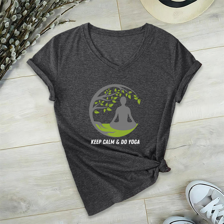 Olivenorma Keep Calm & Do Yoga Circular Tree Meditation Figure Graphic Women's V Neck T-Shirt - Gray - 2XL - image 18