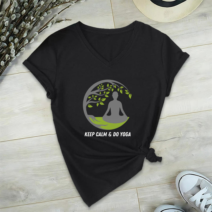 Olivenorma Keep Calm & Do Yoga Circular Tree Meditation Figure Graphic Women's V Neck T-Shirt - Black - 2XL - image 15