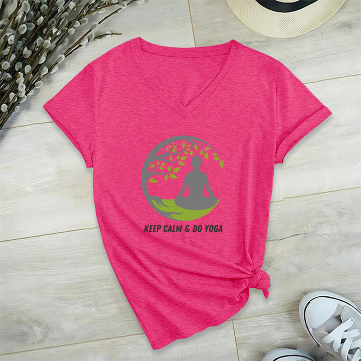 Olivenorma Keep Calm & Do Yoga Circular Tree Meditation Figure Graphic Women's V Neck T-Shirt - Rose Red - 2XL - image 33