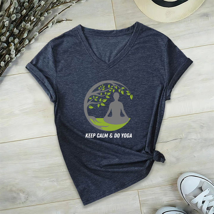 Olivenorma Keep Calm & Do Yoga Circular Tree Meditation Figure Graphic Women's V Neck T-Shirt - Navy Blue - 2XL - image 24