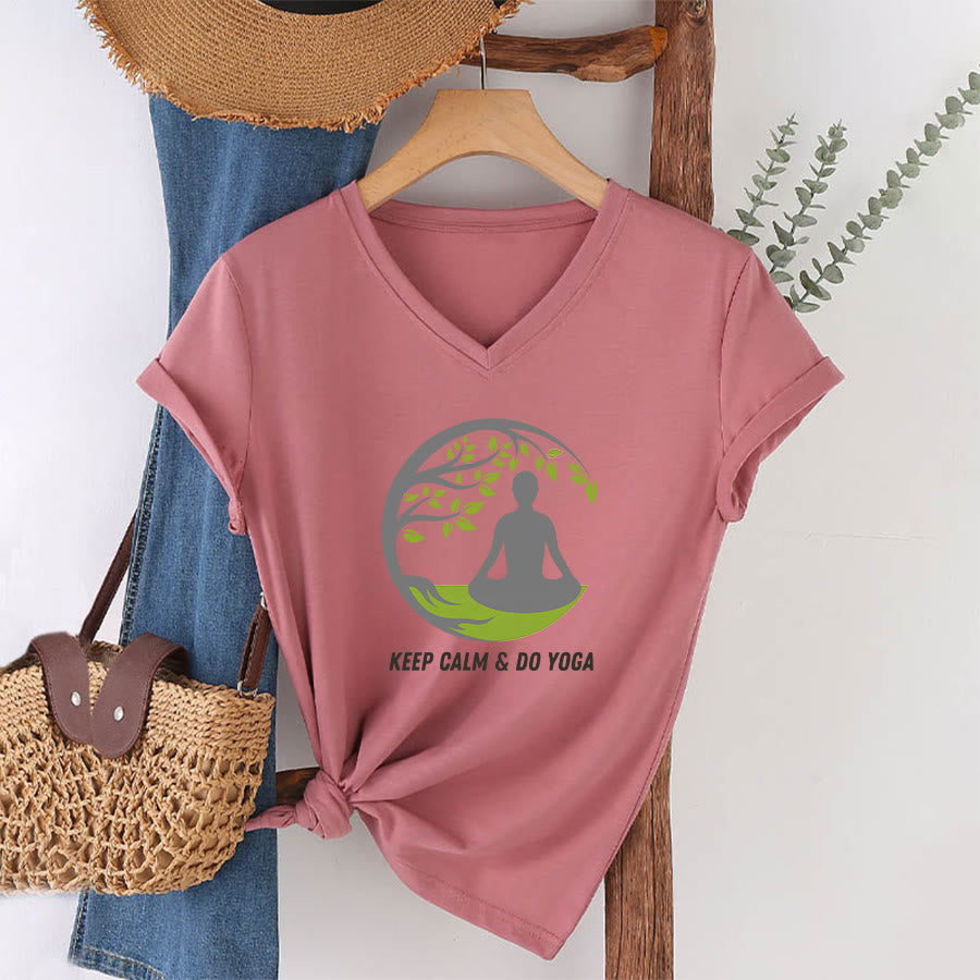 Olivenorma Keep Calm & Do Yoga Circular Tree Meditation Figure Graphic Women's V Neck T-Shirt - image 10