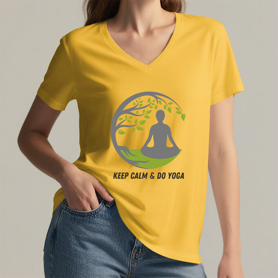 Olivenorma Keep Calm & Do Yoga Circular Tree Meditation Figure Graphic Women's V Neck T-Shirt - image 32