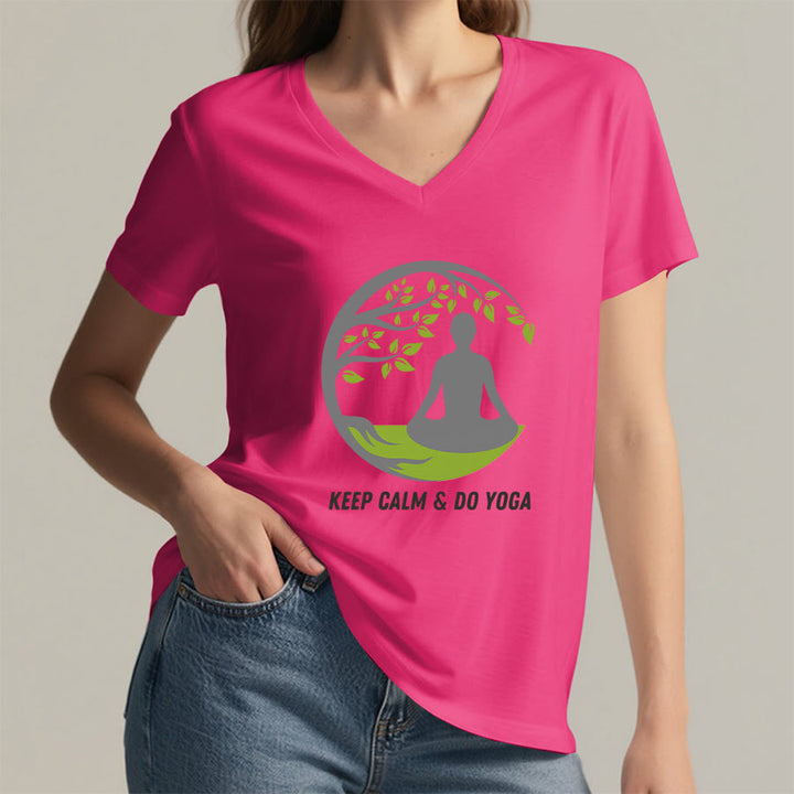 Olivenorma Keep Calm & Do Yoga Circular Tree Meditation Figure Graphic Women's V Neck T-Shirt - image 35