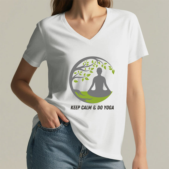 Olivenorma Keep Calm & Do Yoga Circular Tree Meditation Figure Graphic Women's V Neck T-Shirt - image 23