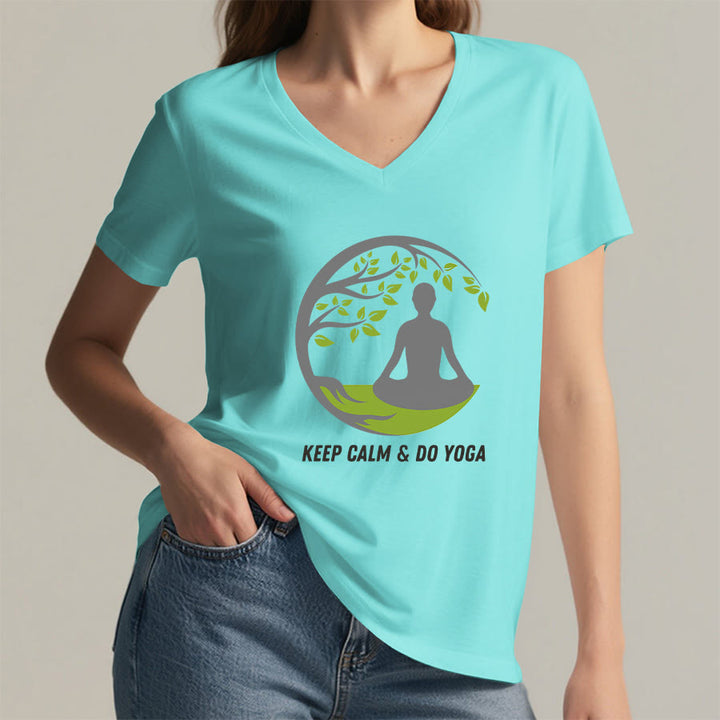 Olivenorma Keep Calm & Do Yoga Circular Tree Meditation Figure Graphic Women's V Neck T-Shirt - image 14