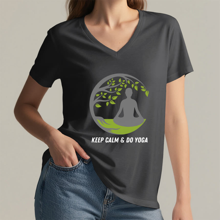 Olivenorma Keep Calm & Do Yoga Circular Tree Meditation Figure Graphic Women's V Neck T-Shirt - image 20
