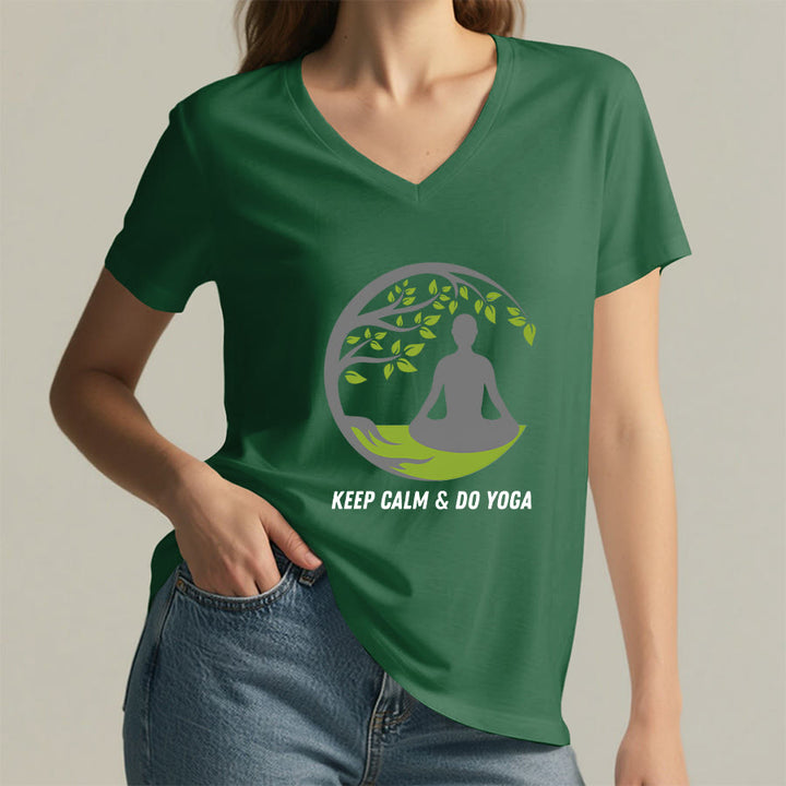 Olivenorma Keep Calm & Do Yoga Circular Tree Meditation Figure Graphic Women's V Neck T-Shirt - image 2
