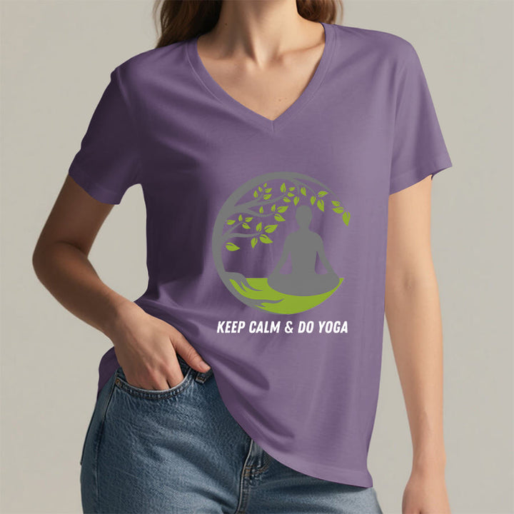 Olivenorma Keep Calm & Do Yoga Circular Tree Meditation Figure Graphic Women's V Neck T-Shirt - image 38