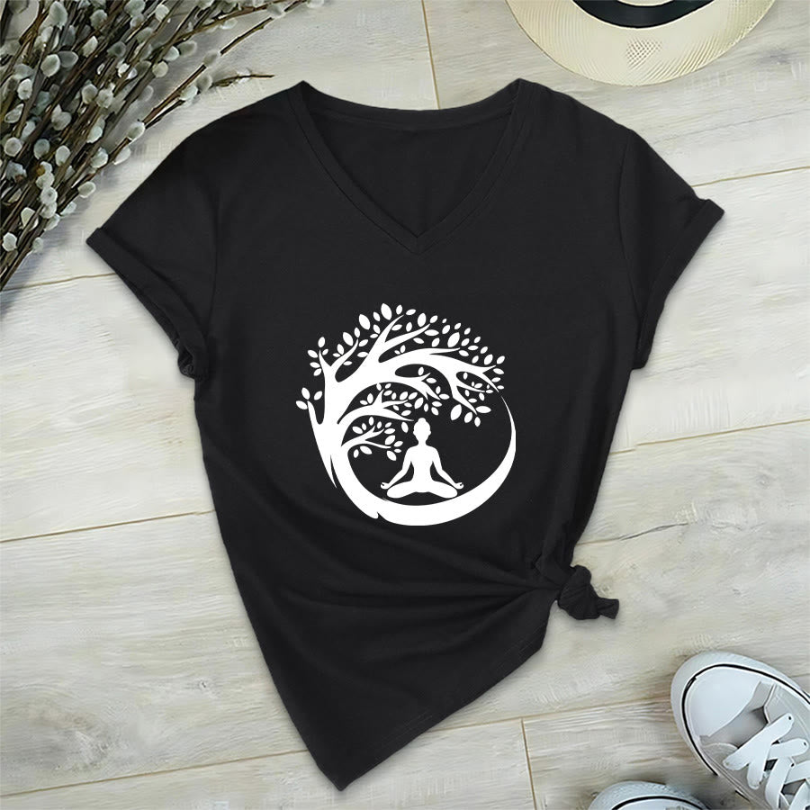 Olivenorma Enso Circle Tree Branch Meditation Silhouette Graphic Women's V Neck T-Shirt - Black - 2XL - image 18