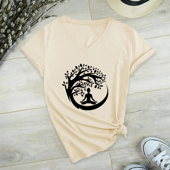 Olivenorma Enso Circle Tree Branch Meditation Silhouette Graphic Women's V Neck T-Shirt - Khaki - 2XL - image 12