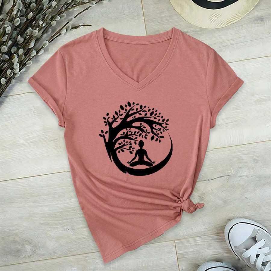 Olivenorma Enso Circle Tree Branch Meditation Silhouette Graphic Women's V Neck T-Shirt - Pink - 2XL - image 0