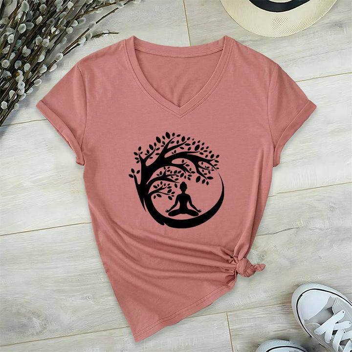 Olivenorma Enso Circle Tree Branch Meditation Silhouette Graphic Women's V Neck T-Shirt - Pink - 2XL - image 0