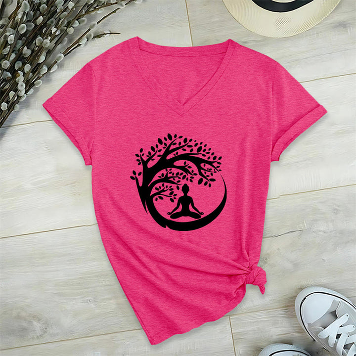 Olivenorma Enso Circle Tree Branch Meditation Silhouette Graphic Women's V Neck T-Shirt - Rose Red - 2XL - image 33