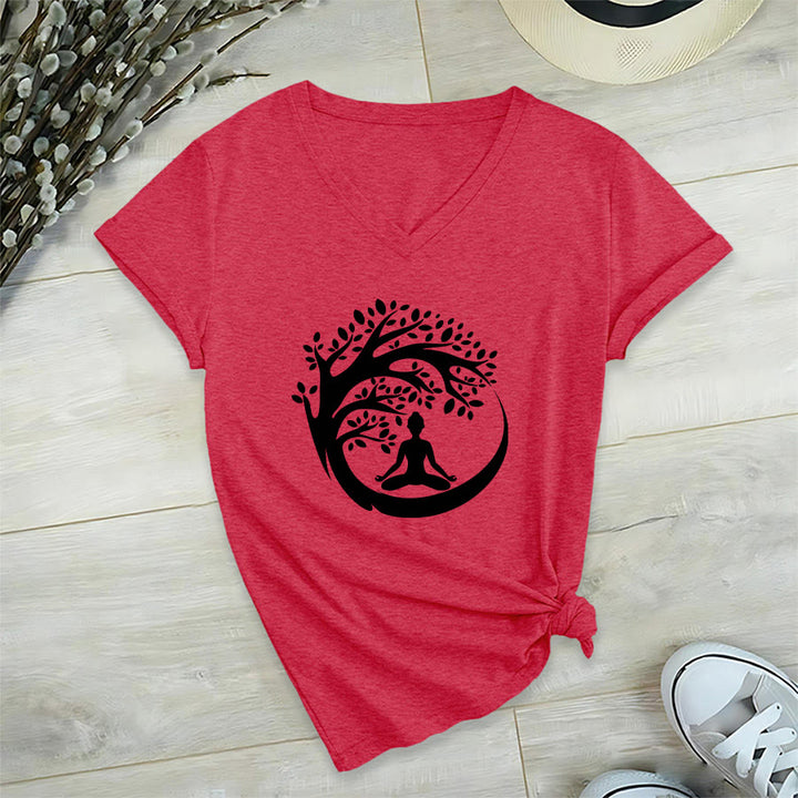 Olivenorma Enso Circle Tree Branch Meditation Silhouette Graphic Women's V Neck T-Shirt - Red - 2XL - image 27