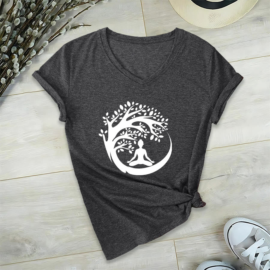 Olivenorma Enso Circle Tree Branch Meditation Silhouette Graphic Women's V Neck T-Shirt - Gray - 2XL - image 21