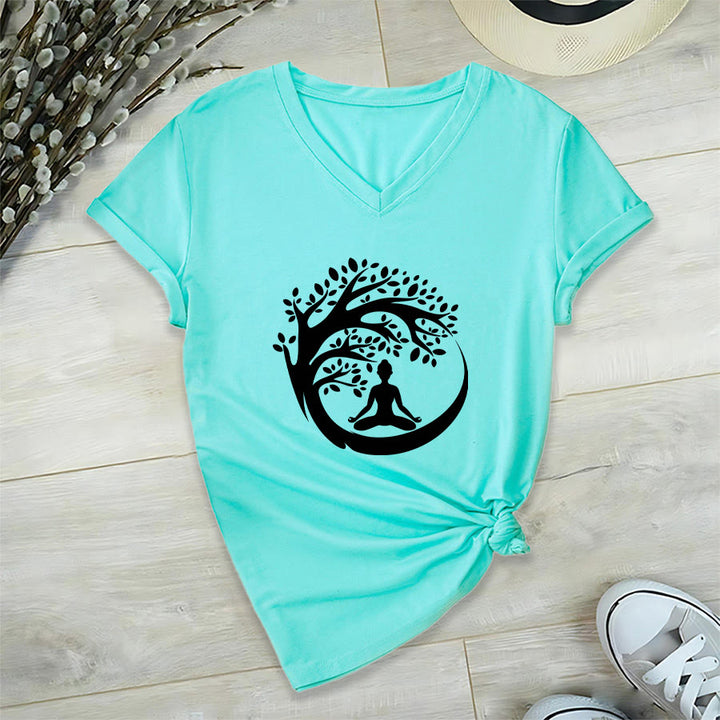 Olivenorma Enso Circle Tree Branch Meditation Silhouette Graphic Women's V Neck T-Shirt - Lake Blue - 2XL - image 15