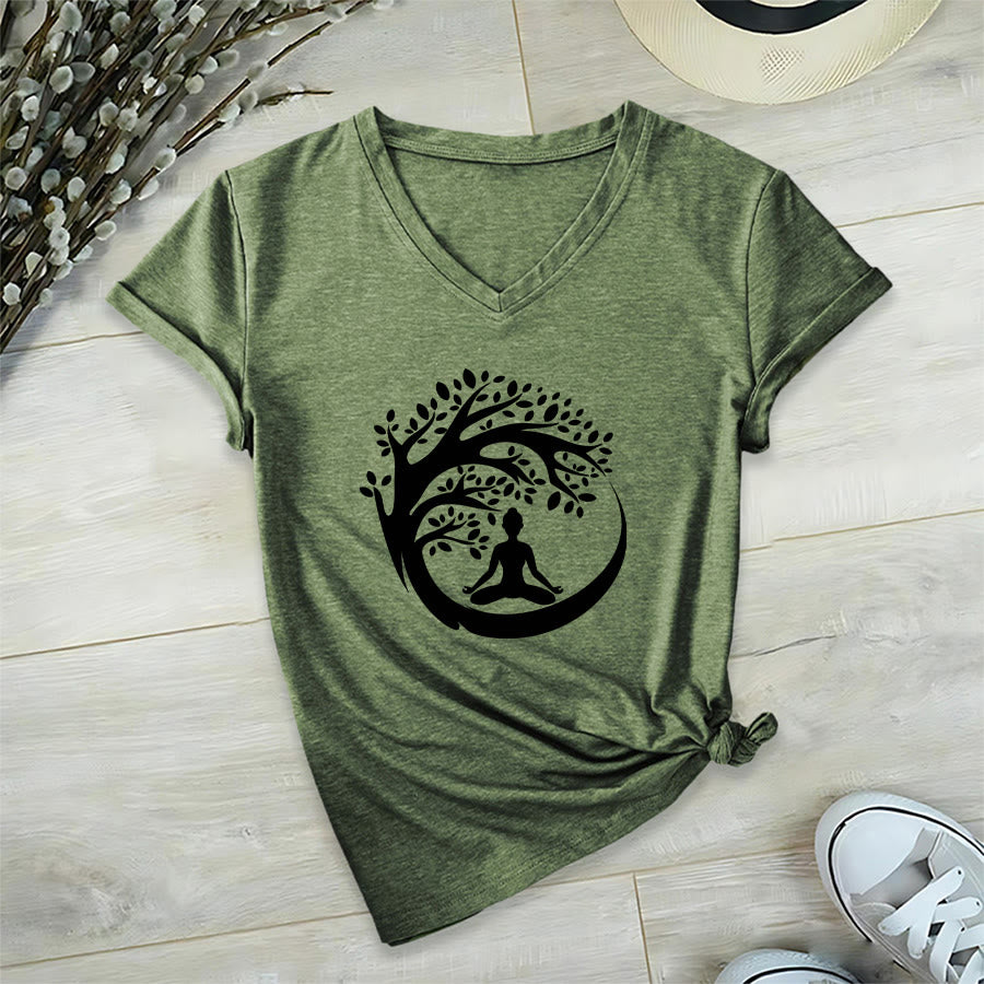 Olivenorma Enso Circle Tree Branch Meditation Silhouette Graphic Women's V Neck T-Shirt - Olive Green - 2XL - image 9