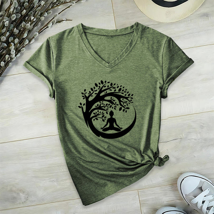 Olivenorma Enso Circle Tree Branch Meditation Silhouette Graphic Women's V Neck T-Shirt - Olive Green - 2XL - image 9