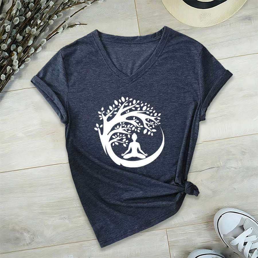 Olivenorma Enso Circle Tree Branch Meditation Silhouette Graphic Women's V Neck T-Shirt - Navy Blue - 2XL - image 24