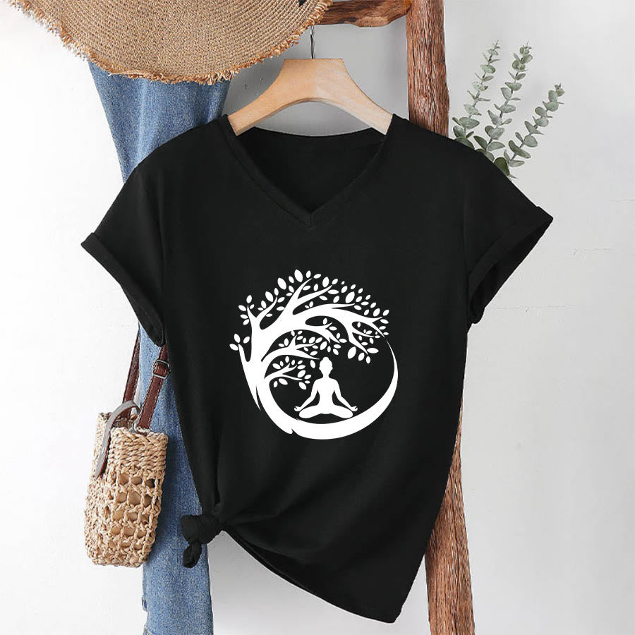 Olivenorma Enso Circle Tree Branch Meditation Silhouette Graphic Women's V Neck T-Shirt - image 19