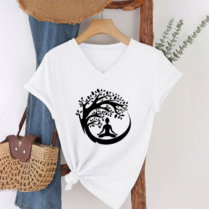 Olivenorma Enso Circle Tree Branch Meditation Silhouette Graphic Women's V Neck T-Shirt - image 4