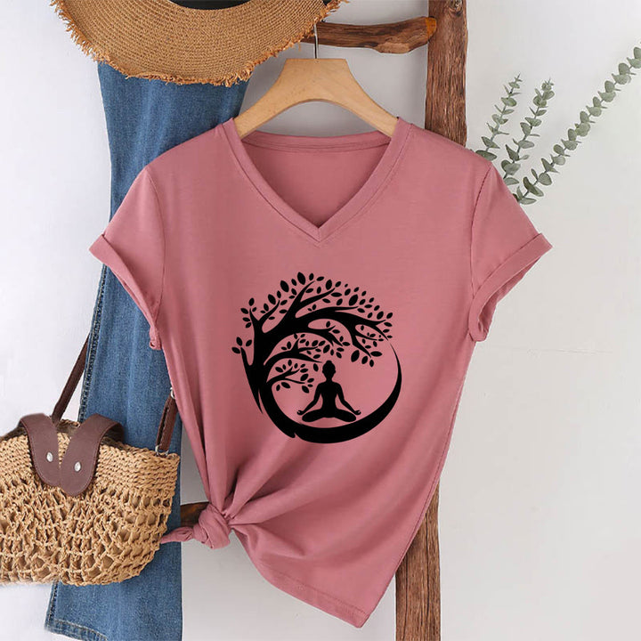 Olivenorma Enso Circle Tree Branch Meditation Silhouette Graphic Women's V Neck T-Shirt - image 1
