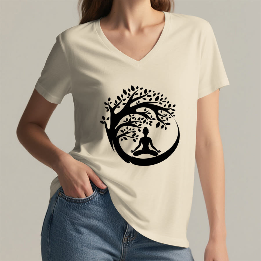 Olivenorma Enso Circle Tree Branch Meditation Silhouette Graphic Women's V Neck T-Shirt - image 14
