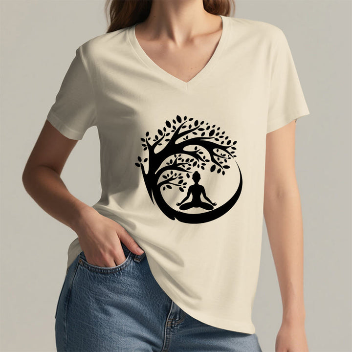 Olivenorma Enso Circle Tree Branch Meditation Silhouette Graphic Women's V Neck T-Shirt - image 14