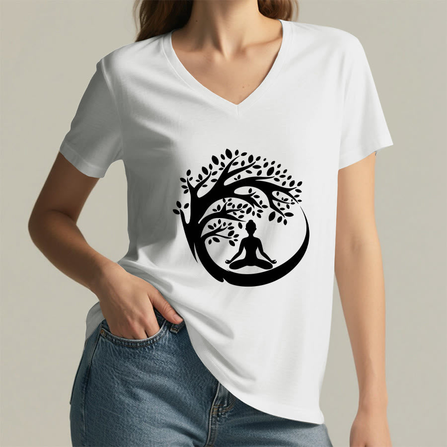 Olivenorma Enso Circle Tree Branch Meditation Silhouette Graphic Women's V Neck T-Shirt - image 5