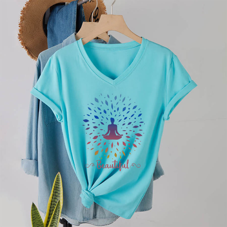 Olivenorma Gradient Leaf Mandala Meditation Figure Beautiful Script Graphic Women's V Neck T-Shirt - Lake Blue - 2XL - image 16
