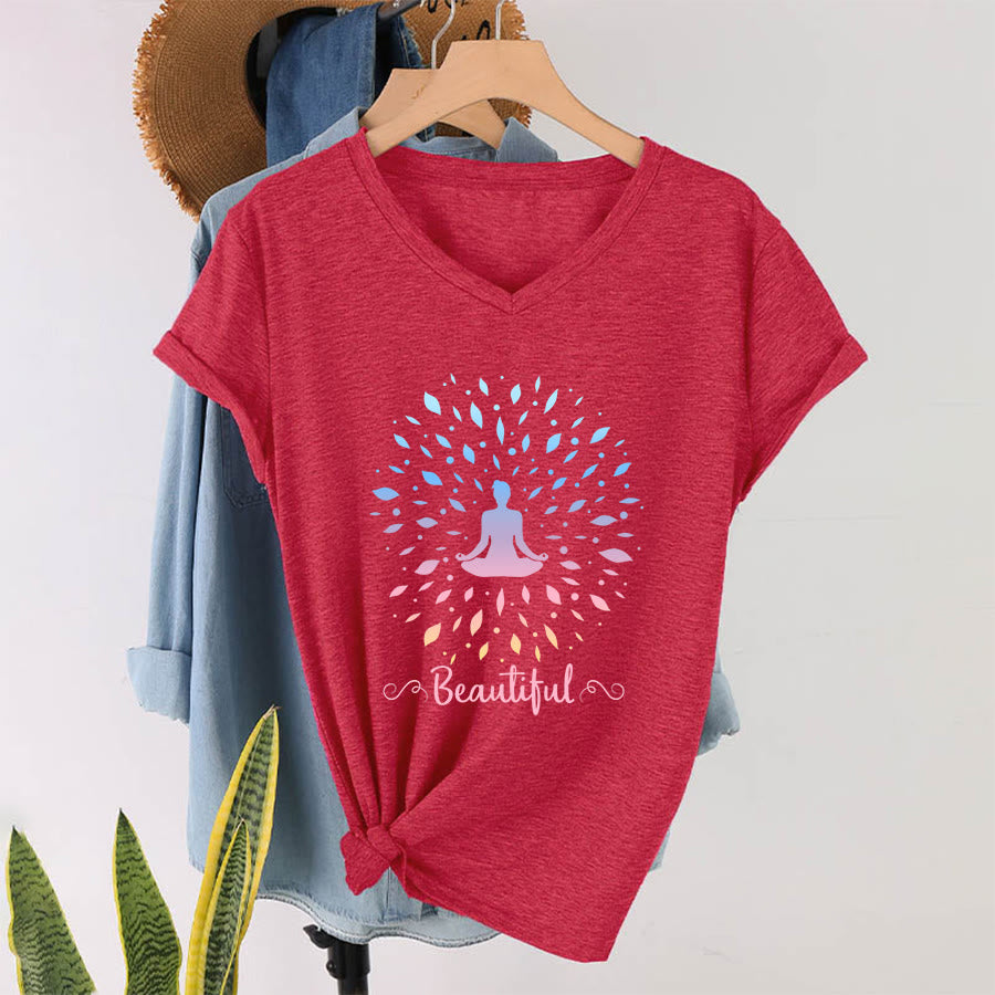 Olivenorma Gradient Leaf Mandala Meditation Figure Beautiful Script Graphic Women's V Neck T-Shirt - Red - 2XL - image 28