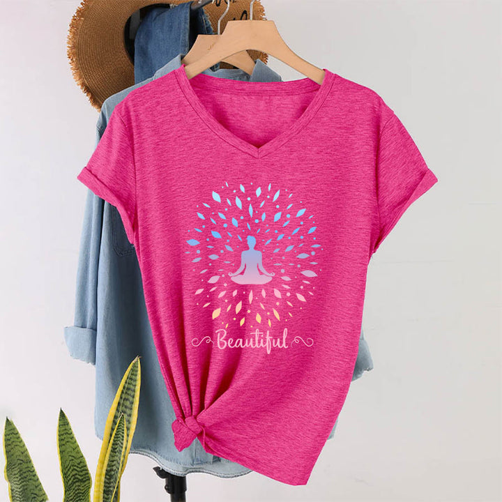 Olivenorma Gradient Leaf Mandala Meditation Figure Beautiful Script Graphic Women's V Neck T-Shirt - Rose Red - 2XL - image 34
