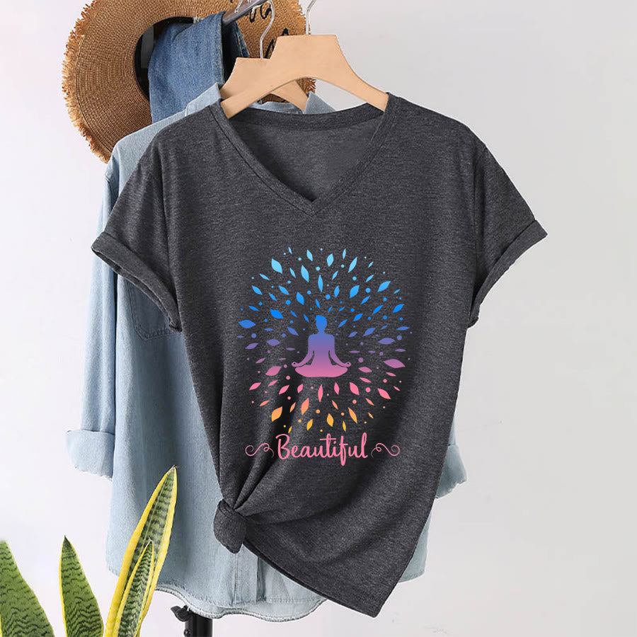 Olivenorma Gradient Leaf Mandala Meditation Figure Beautiful Script Graphic Women's V Neck T-Shirt - Gray - 2XL - image 19